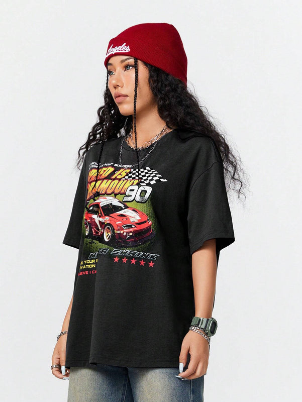 Coolane Camiseta informal de verano con mangas cortas y estampado de eslogan de automovil en tamano grande