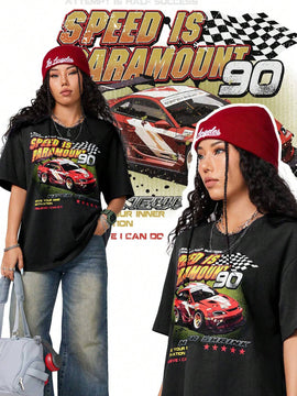 Coolane Camiseta informal de verano con mangas cortas y estampado de eslogan de automovil en tamano grande