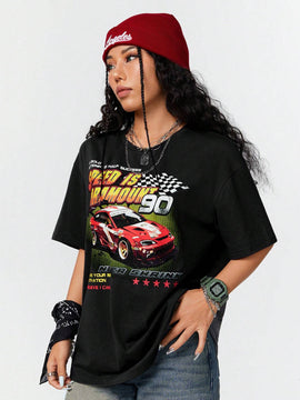 Coolane Camiseta informal de verano con mangas cortas y estampado de eslogan de automovil en tamano grande