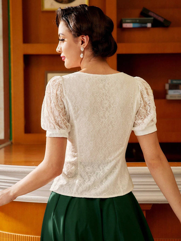 DECDS Elegante blusa vintage con aplique de encaje para mujer, tops blancos elegantes con cuello cuadrado y parche de encaje para primavera/verano, atuendo del Dia de la Madre