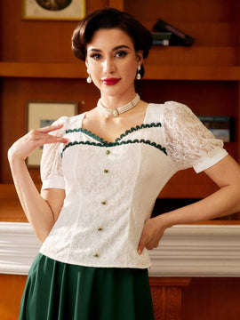 DECDS Elegante blusa vintage con aplique de encaje para mujer, tops blancos elegantes con cuello cuadrado y parche de encaje para primavera/verano, atuendo del Dia de la Madre