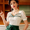 DECDS Elegante blusa vintage con aplique de encaje para mujer, tops blancos elegantes con cuello cuadrado y parche de encaje para primavera/verano, atuendo del Dia de la Madre