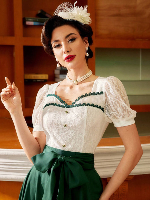 DECDS Elegante blusa vintage con aplique de encaje para mujer, tops blancos elegantes con cuello cuadrado y parche de encaje para primavera/verano, atuendo del Dia de la Madre