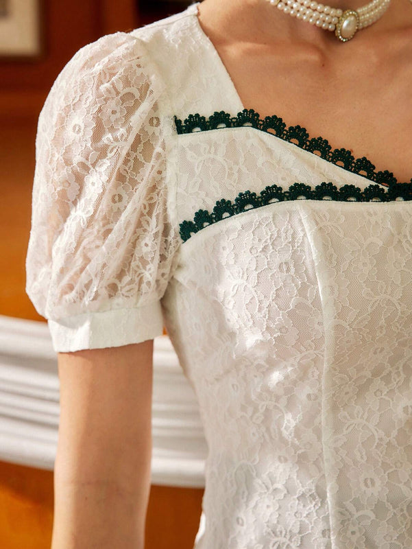 DECDS Elegante blusa vintage con aplique de encaje para mujer, tops blancos elegantes con cuello cuadrado y parche de encaje para primavera/verano, atuendo del Dia de la Madre