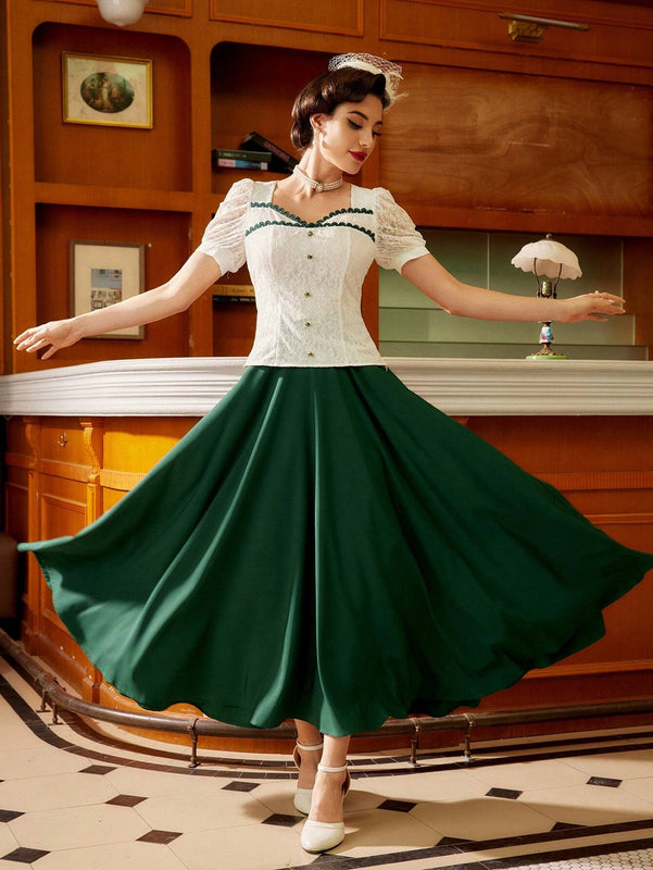 DECDS Elegante blusa vintage con aplique de encaje para mujer, tops blancos elegantes con cuello cuadrado y parche de encaje para primavera/verano, atuendo del Dia de la Madre