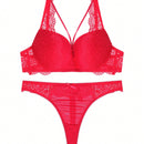 Set de sosten push-up de color rojo solido con braguitas huecas, conjunto de lenceria sexy con tirantes finos de encaje para mujer