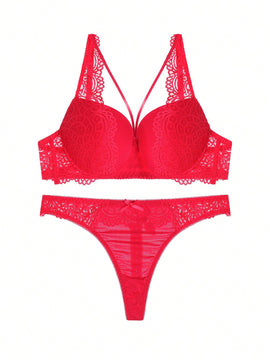 Set de sosten push-up de color rojo solido con braguitas huecas, conjunto de lenceria sexy con tirantes finos de encaje para mujer