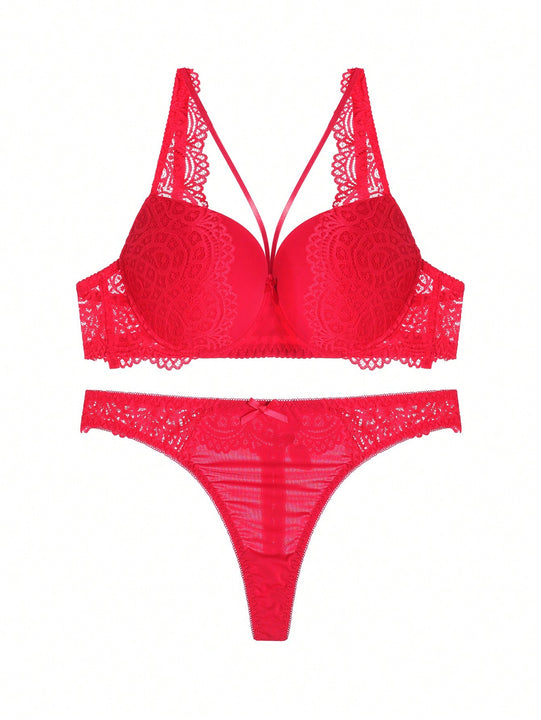 Set de sosten push-up de color rojo solido con braguitas huecas, conjunto de lenceria sexy con tirantes finos de encaje para mujer