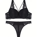 Conjunto De Sujetador De Encaje Sexy Fruncido Y Ahuecado De Color Solido Con Tirantes Finos Y Bragas Con Espalda En T