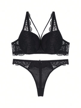 Conjunto De Sujetador De Encaje Sexy Fruncido Y Ahuecado De Color Solido Con Tirantes Finos Y Bragas Con Espalda En T