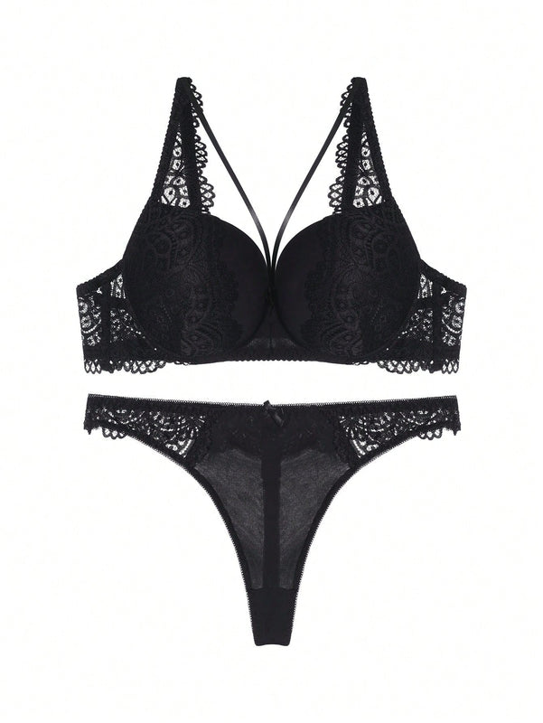 Conjunto De Sujetador De Encaje Sexy Fruncido Y Ahuecado De Color Solido Con Tirantes Finos Y Bragas Con Espalda En T