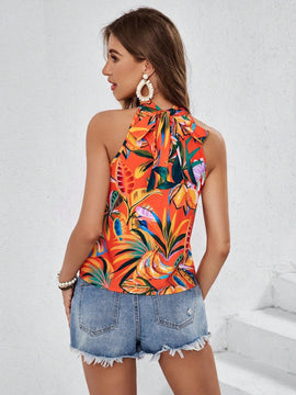 VCAY Top de mujer veraniego sin espalda con estampado floral y cuello halter