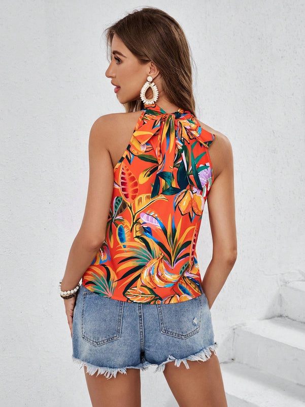 VCAY Top de mujer veraniego sin espalda con estampado floral y cuello halter