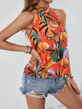 VCAY Top de mujer veraniego sin espalda con estampado floral y cuello halter