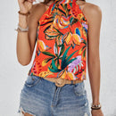VCAY Top de mujer veraniego sin espalda con estampado floral y cuello halter