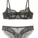 Conjunto De 2 Piezas De Brasier Y Tangas De Encaje De Pestanas Ultrafino Para Mujer, Ropa Interior Sexy Sin Acolchado