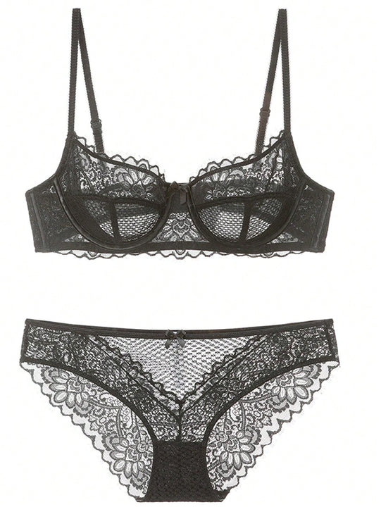 Conjunto De 2 Piezas De Brasier Y Tangas De Encaje De Pestanas Ultrafino Para Mujer, Ropa Interior Sexy Sin Acolchado