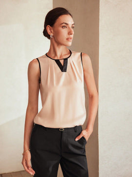 MOTF Classy Blusa sin mangas con detalle de orificio en el cuello, ribete de contraste y pliegues plegados