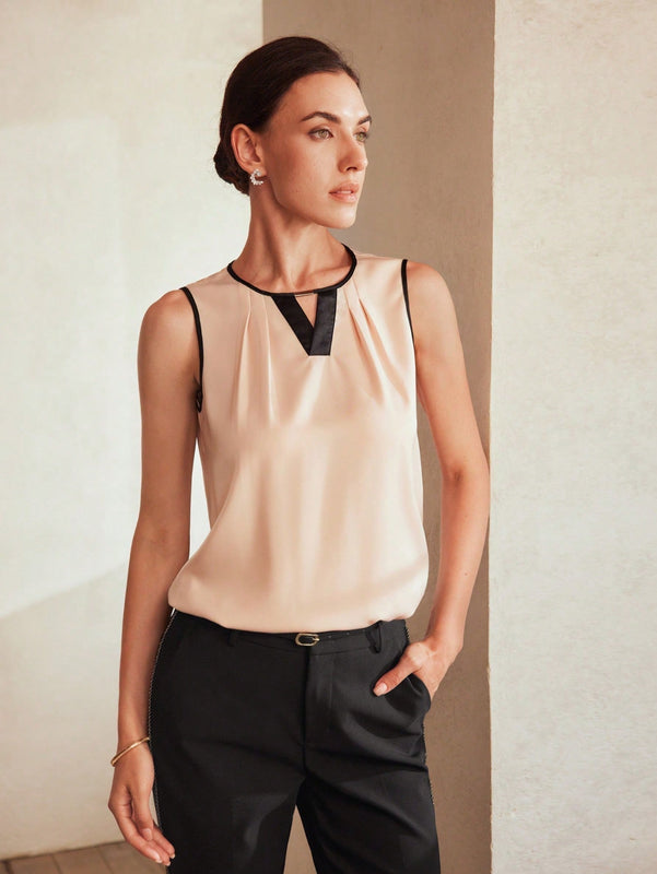 MOTF Classy Blusa sin mangas con detalle de orificio en el cuello, ribete de contraste y pliegues plegados
