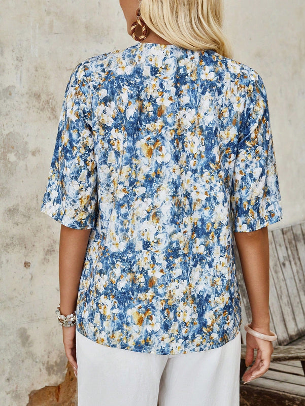 EMERY ROSE Blusa estampada con flores, cuello en V y mangas medianas para mujer de vacaciones campestres