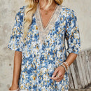 EMERY ROSE Blusa estampada con flores, cuello en V y mangas medianas para mujer de vacaciones campestres