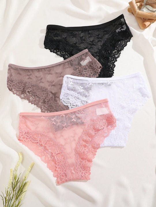 FINETOO Conjunto de 4 piezas de ropa interior sexy para mujer con patron de mariposa completa de encaje de tanga