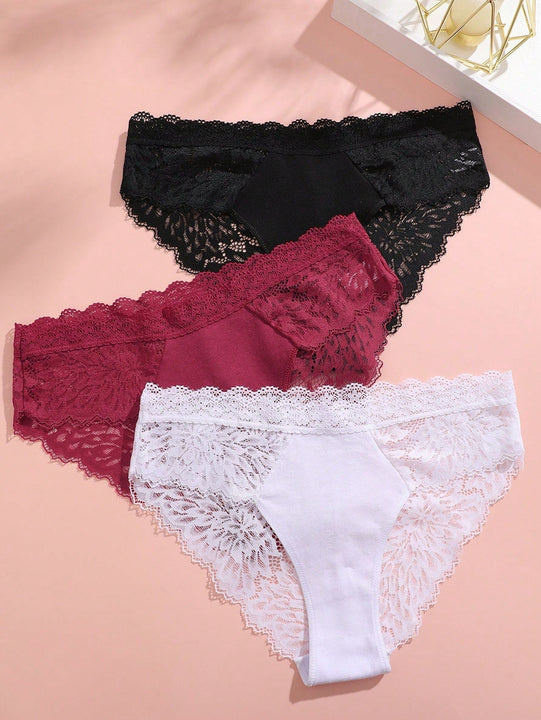 Conjunto De 3 Piezas De Calzoncillos Simples Y Comodos Con Patron De Encaje De Color Solido Para Mujer