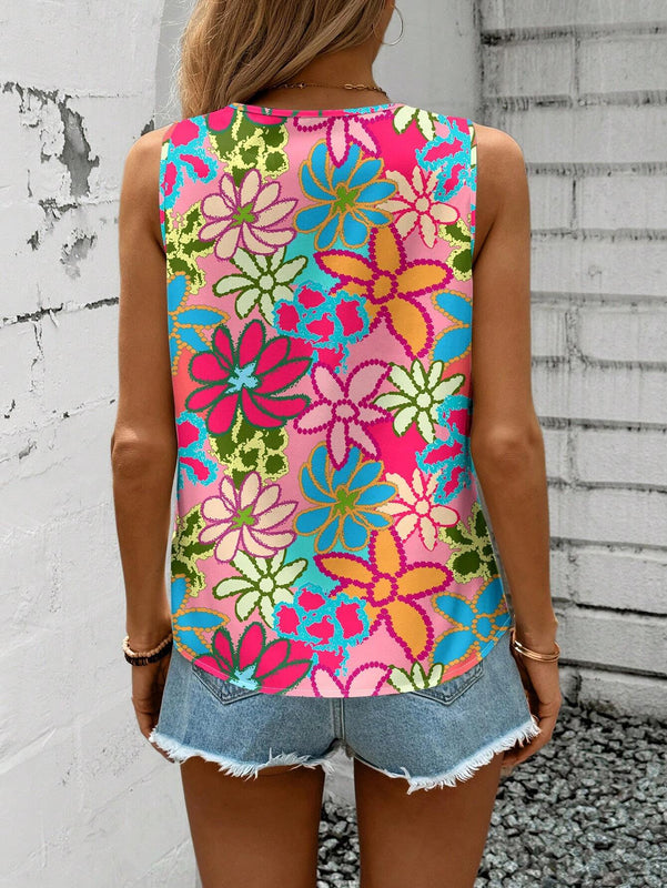 Camisa floral casual y sencilla para mujer con cuello en V, adecuada para el verano