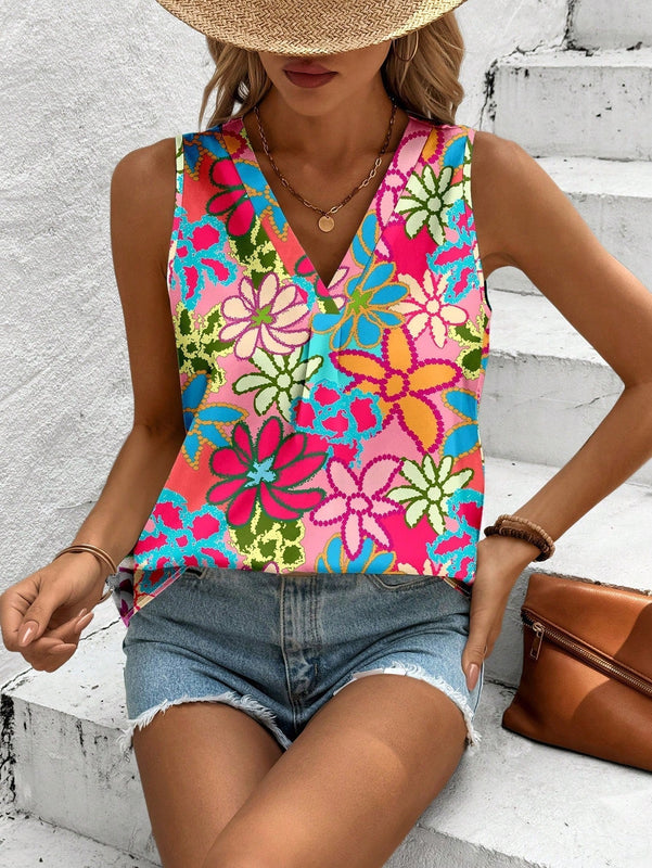 Camisa floral casual y sencilla para mujer con cuello en V, adecuada para el verano