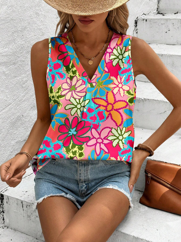 Camisa floral casual y sencilla para mujer con cuello en V, adecuada para el verano