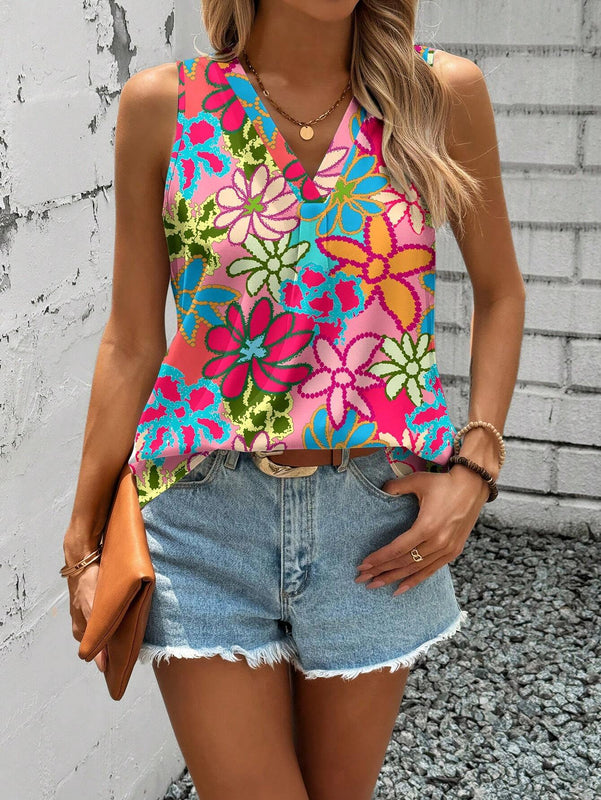 Camisa floral casual y sencilla para mujer con cuello en V, adecuada para el verano