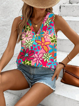 LUNE Camisa floral casual y sencilla para mujer con cuello en V, adecuada para el verano