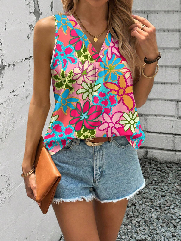 Camisa floral casual y sencilla para mujer con cuello en V, adecuada para el verano