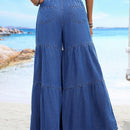 VCAY Jeans de cintura alta de color solido con bolsillos, dobladillo con volantes y cinturon de cintura