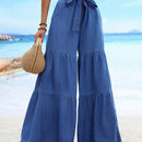 VCAY Jeans de cintura alta de color solido con bolsillos, dobladillo con volantes y cinturon de cintura
