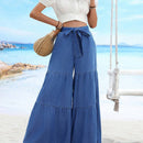 VCAY Jeans de cintura alta de color solido con bolsillos, dobladillo con volantes y cinturon de cintura