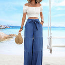 VCAY Jeans de cintura alta de color solido con bolsillos, dobladillo con volantes y cinturon de cintura