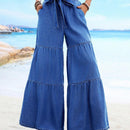 VCAY Jeans de cintura alta de color solido con bolsillos, dobladillo con volantes y cinturon de cintura