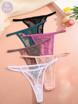 Conjunto de 6 tangas de encaje con patron de mariposas de unicolor con banda de cintura delgada, lenceria sexy para mujeres