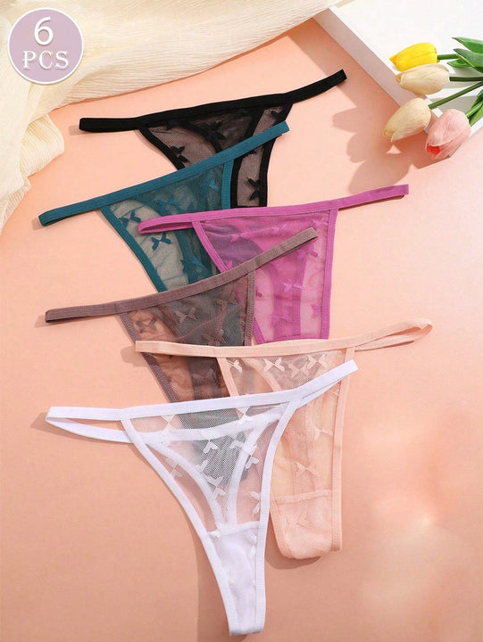 Conjunto de 6 tangas de encaje con patron de mariposas de unicolor con banda de cintura delgada, lenceria sexy para mujeres