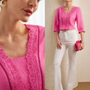 MOTF PREMIUM BLUSA DE MANGA ACAMPANADA CON PANEL SOLIDO Y DETALLES DE ENCAJE
