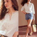 MOTF PREMIUM Blusa De Encaje De Panel De Cuello De Lazo Con Flecos De Lino Puro