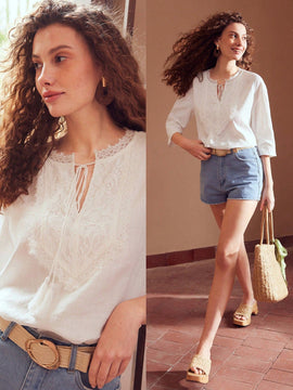 MOTF PREMIUM Blusa De Encaje De Panel De Cuello De Lazo Con Flecos De Lino Puro