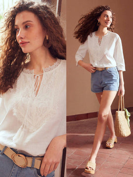 MOTF PREMIUM Blusa De Encaje De Panel De Cuello De Lazo Con Flecos De Lino Puro
