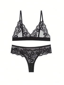 Set de ropa interior femenina de encaje de alta gama al estilo frances, comodo sujetador inalambrico sin relleno ni aro de acero