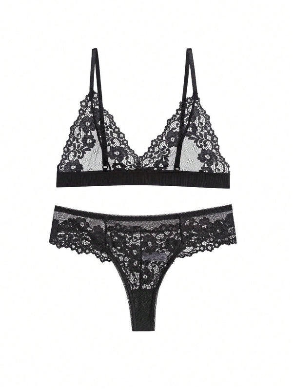 Set de ropa interior femenina de encaje de alta gama al estilo frances, comodo sujetador inalambrico sin relleno ni aro de acero