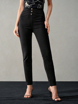 MOTF PREMIUM Pantalones ajustados de detalle de boton dorado solido para verano