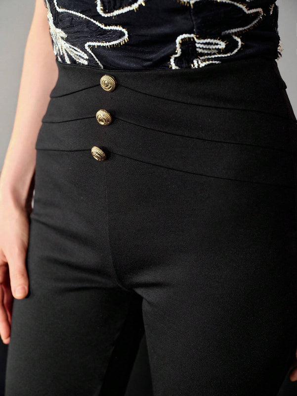 MOTF PREMIUM Pantalones ajustados de detalle de boton dorado solido para verano