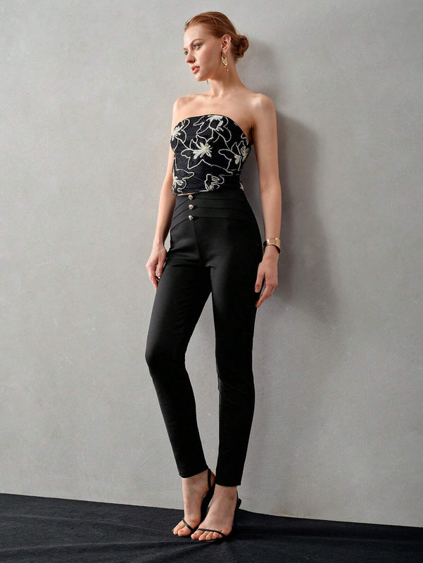 MOTF PREMIUM Pantalones ajustados de detalle de boton dorado solido para verano