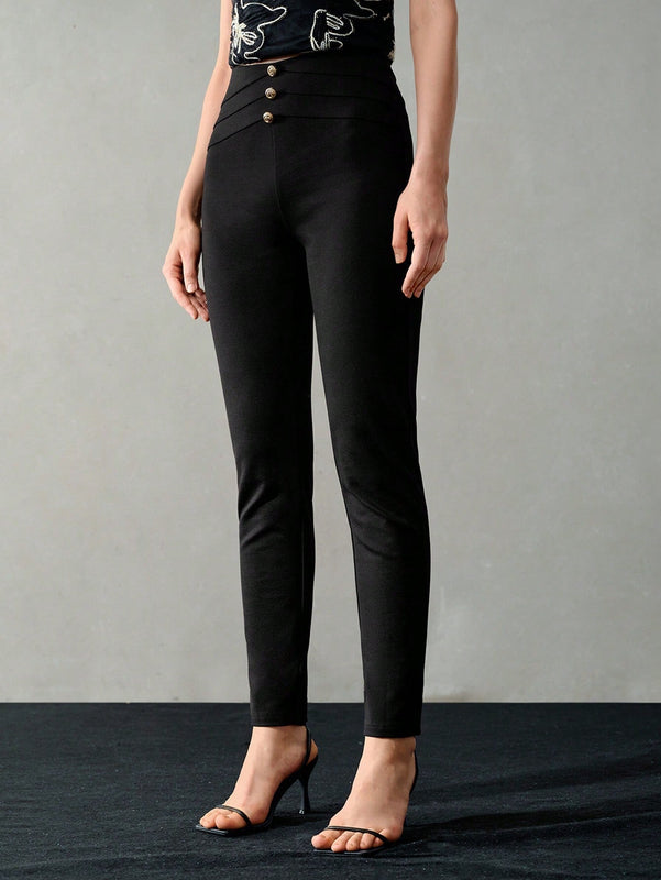 MOTF PREMIUM Pantalones ajustados de detalle de boton dorado solido para verano